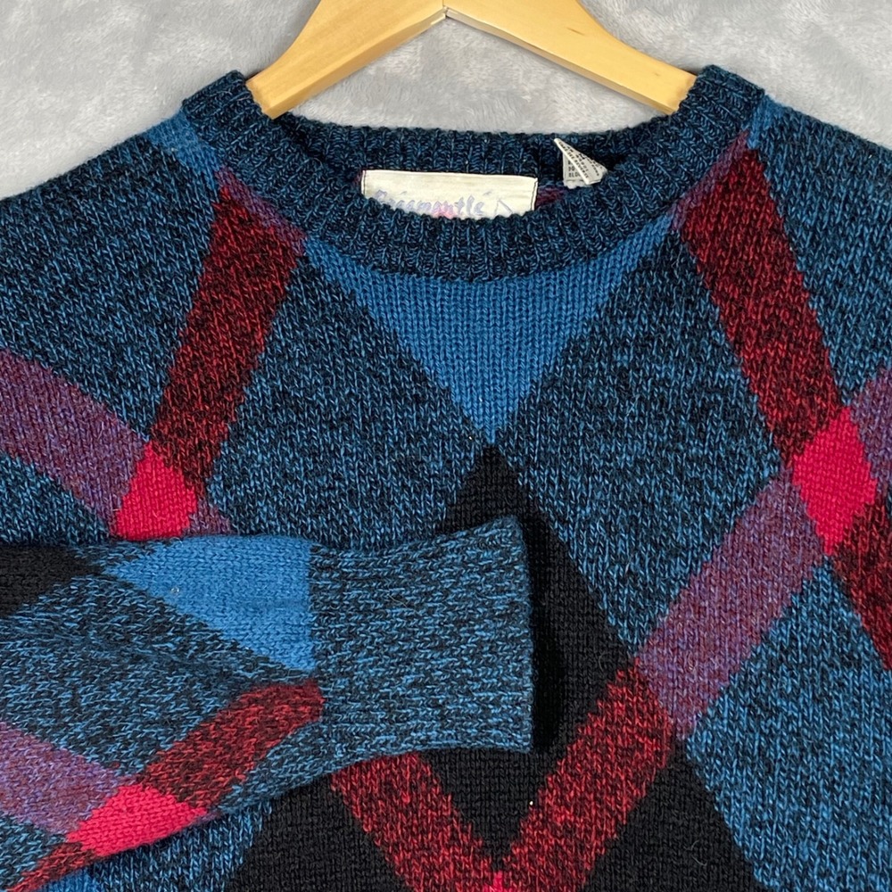 Vintage Fremantle Argyle Sweater Blue Red Black 100% Shetland Wool Mens Medium